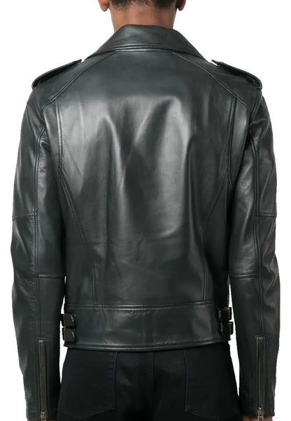 Men’s Dark Green Leather Biker Jacket – Bold Urban Moto Style