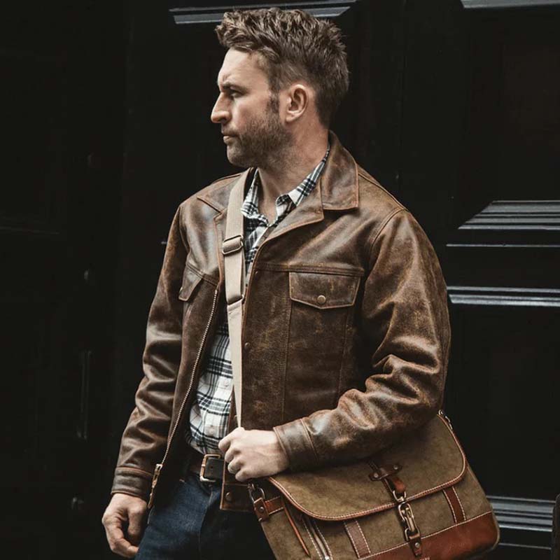 Men's Dark Brown Sheepskin Leather Trucker Jacket With Distressed Vintage Finish