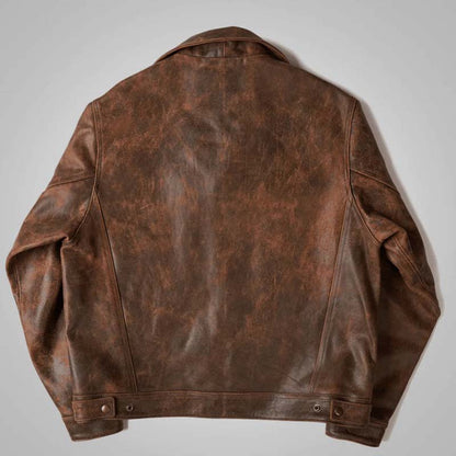 Men's Dark Brown Sheepskin Leather Trucker Jacket With Distressed Vintage Finish