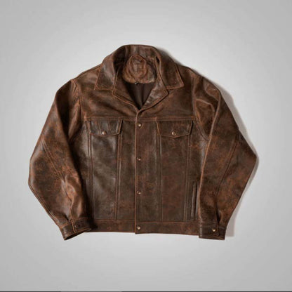 Men's Dark Brown Sheepskin Leather Trucker Jacket With Distressed Vintage Finish
