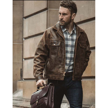 Men's Dark Brown Sheepskin Leather Trucker Jacket With Distressed Vintage Finish