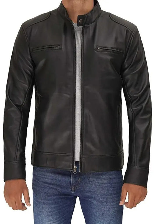 Men’s Dodge Cafe Racer Black Leather Jacket – Slim Fit Motorcycle Outerwear