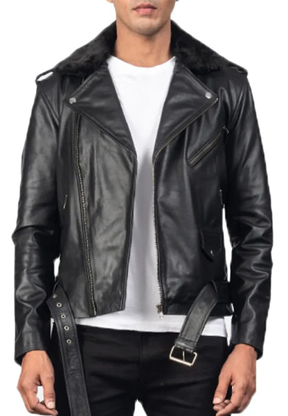 Men’s Black Biker Leather Jacket with Fur Collar – Rugged Elegance for Cold Weather