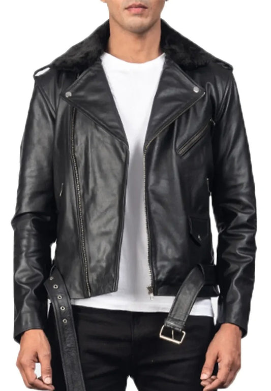 Men’s Black Biker Leather Jacket with Fur Collar – Rugged Elegance for Cold Weather
