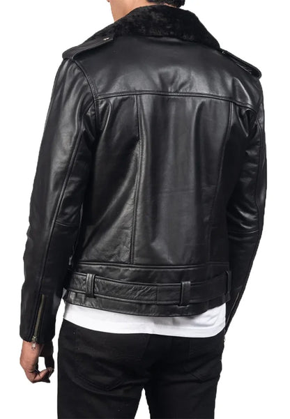 Men’s Black Biker Leather Jacket with Fur Collar – Rugged Elegance for Cold Weather