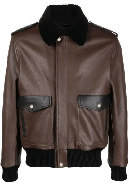 Men’s Brown Leather Racing Jacket with Fur Collar – Classic Moto Elegance