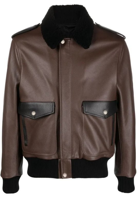 Men’s Brown Leather Racing Jacket with Fur Collar – Classic Moto Elegance