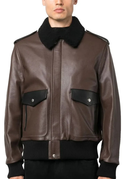 Men’s Brown Leather Racing Jacket with Fur Collar – Classic Moto Elegance