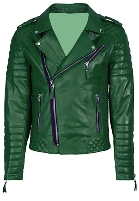 Men’s Slim Fit Green Biker Leather Jacket – Stylish Moto Outerwear for Men