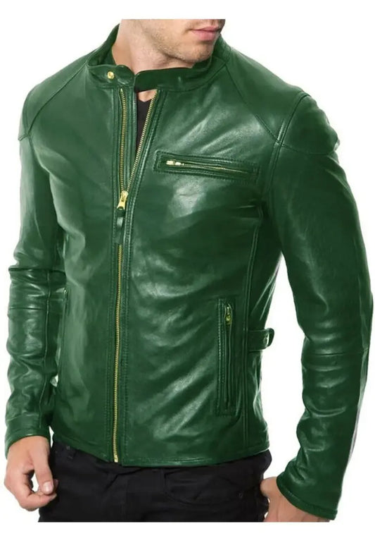Men’s Green Moto Biker Leather Jacket