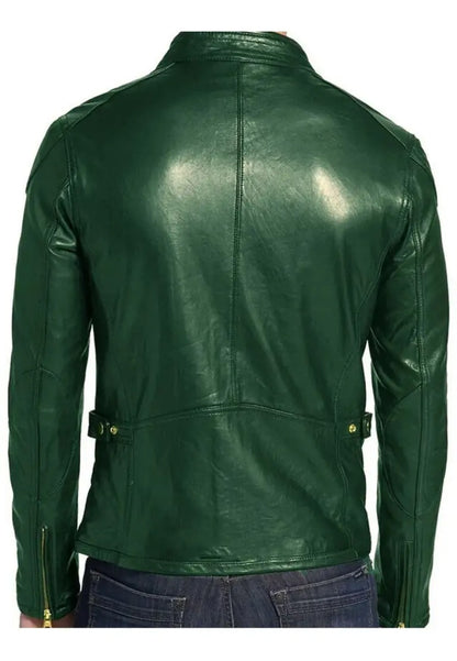 Men’s Green Moto Biker Leather Jacket