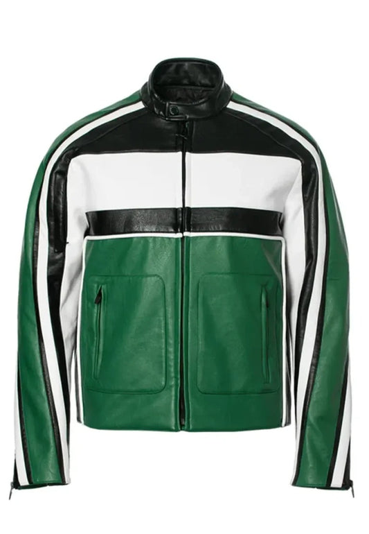 Men’s Green Leather Biker Racing Jacket – Sleek Moto Style Outerwear