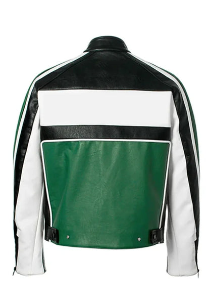 Men’s Green Leather Biker Racing Jacket – Sleek Moto Style Outerwear