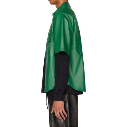 Men's Green Sheepskin Leather Shirt with Zig Zag Back Panel Design