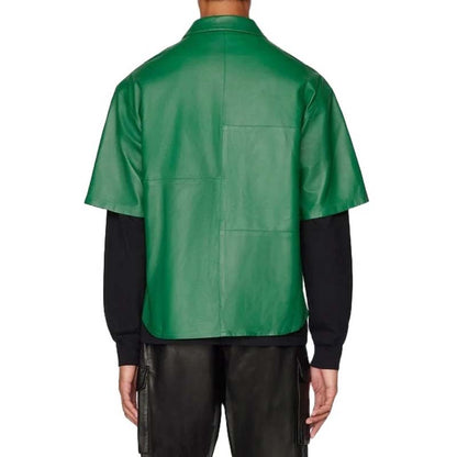 Men's Green Sheepskin Leather Shirt with Zig Zag Back Panel Design