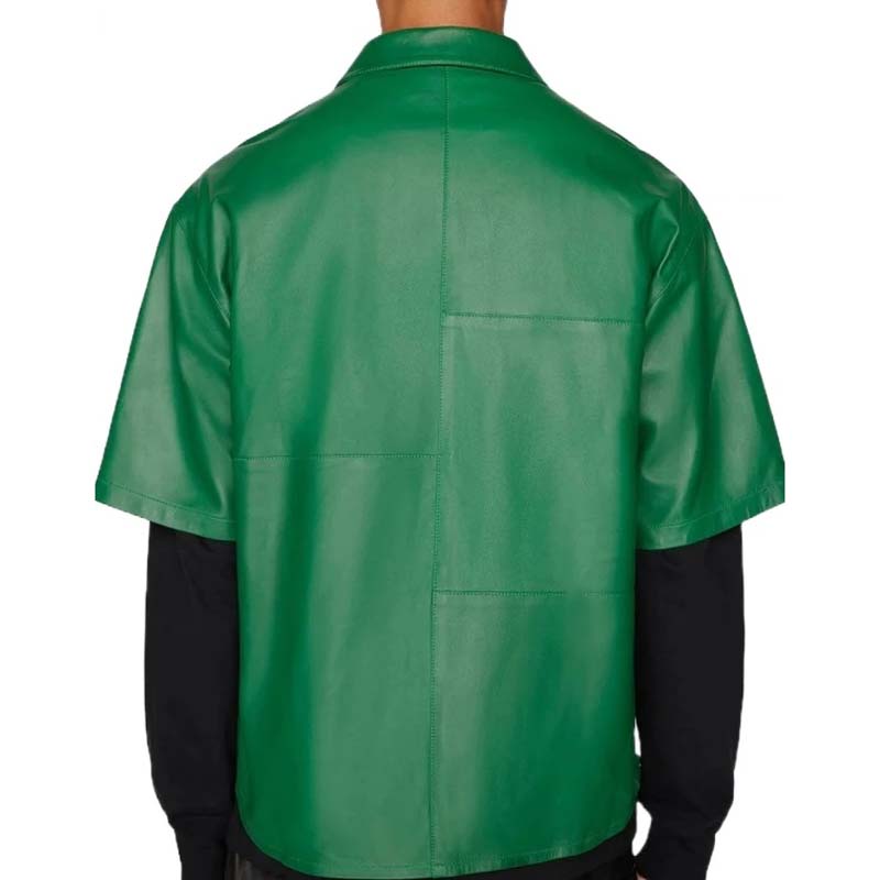 Men's Green Sheepskin Leather Shirt with Zig Zag Back Panel Design