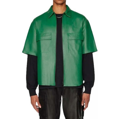Men's Green Sheepskin Leather Shirt with Zig Zag Back Panel Design
