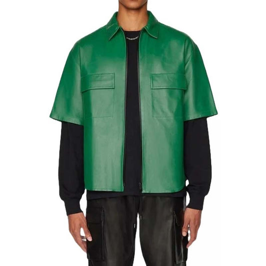Men's Green Sheepskin Leather Shirt with Zig Zag Back Panel Design