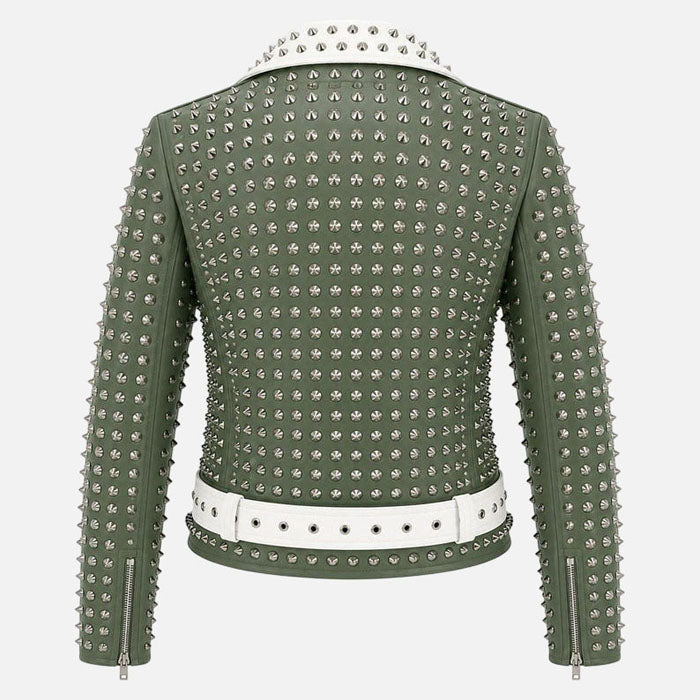 Best green moto biker jacket with silver studs and white belt detail