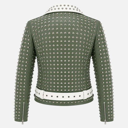 Best green moto biker jacket with silver studs and white belt detail