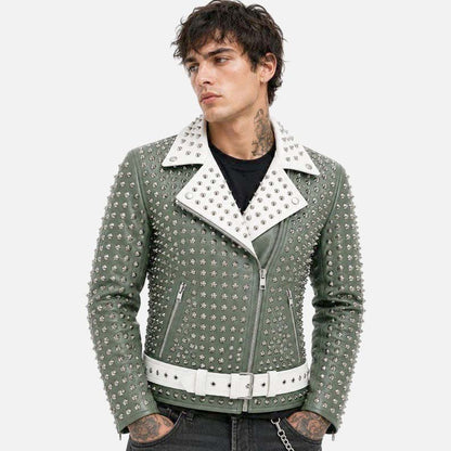 Stylish green studded leather jacket for sale with bold handcrafted biker styling