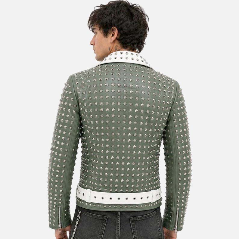Premium olive green spiked leather jacket with silver chain and quilted interior lining