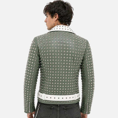 Premium olive green spiked leather jacket with silver chain and quilted interior lining