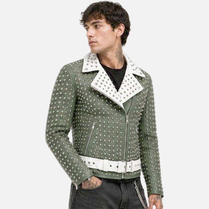 Affordable green moto leather jacket buy online with studded punk biker design