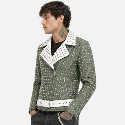 Buy green studded leather biker jacket in premium statement style from Glory Store US