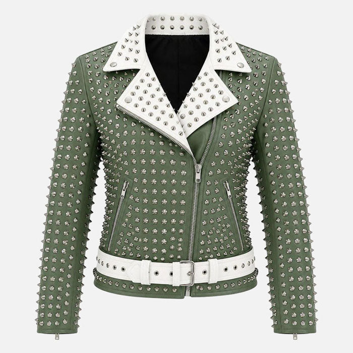 New green studded leather biker jacket for men with silver spikes and white contrast collar