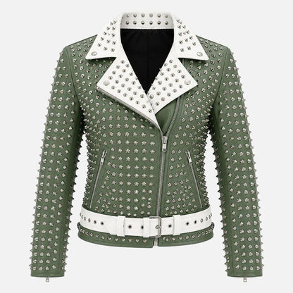 New green studded leather biker jacket for men with silver spikes and white contrast collar