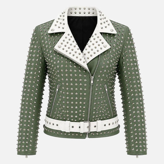 New green studded leather biker jacket for men with silver spikes and white contrast collar