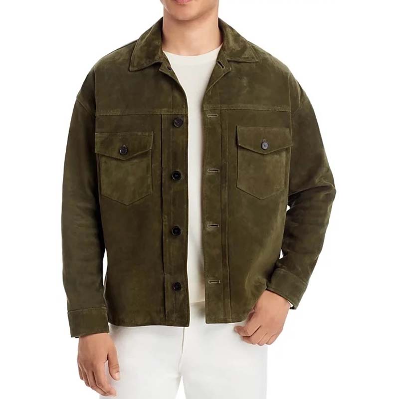 Men's Green Sheepskin Suede Leather Jacket with Shirt Collar in Soft Texture