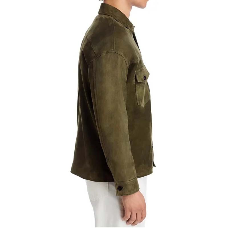 Men's Green Sheepskin Suede Leather Jacket with Shirt Collar in Soft Texture