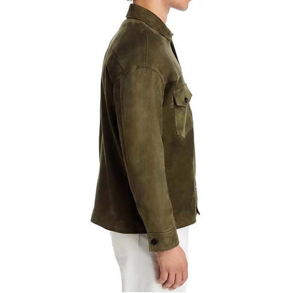 Men's Green Sheepskin Suede Leather Jacket with Shirt Collar in Soft Texture
