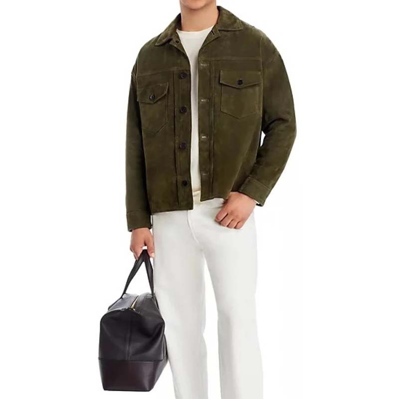 Men's Green Sheepskin Suede Leather Jacket with Shirt Collar in Soft Texture