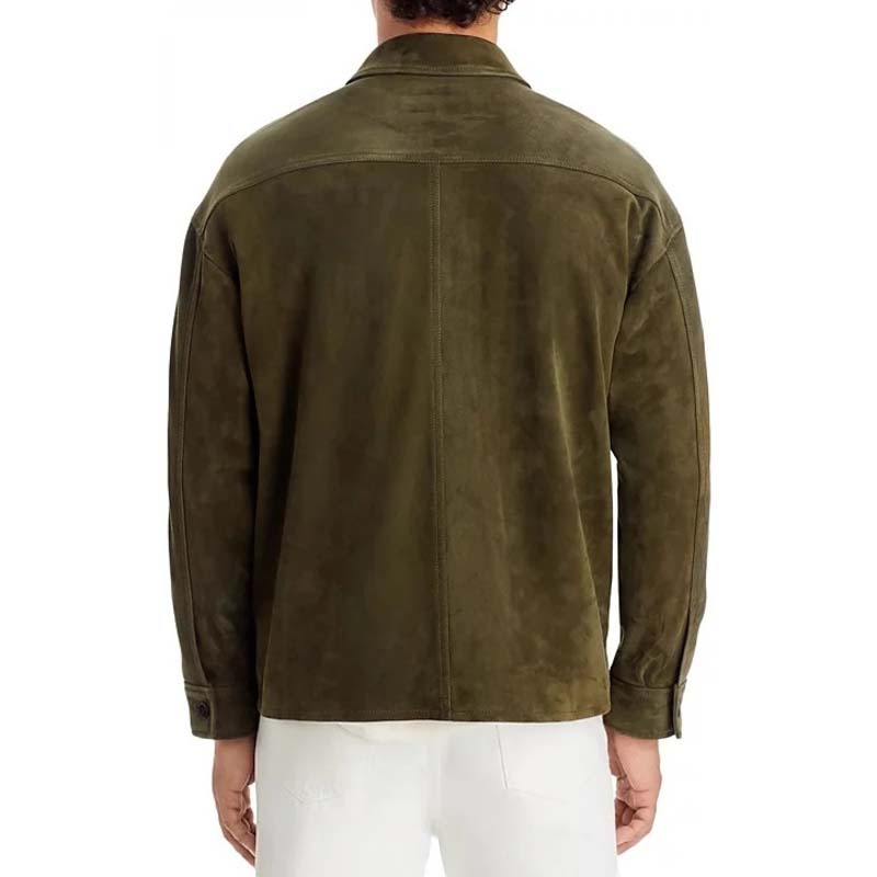 Men's Green Sheepskin Suede Leather Jacket with Shirt Collar in Soft Texture
