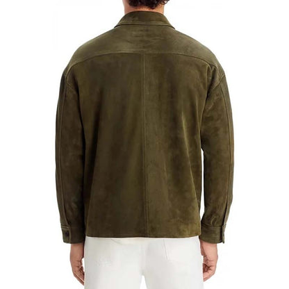 Men's Green Sheepskin Suede Leather Jacket with Shirt Collar in Soft Texture