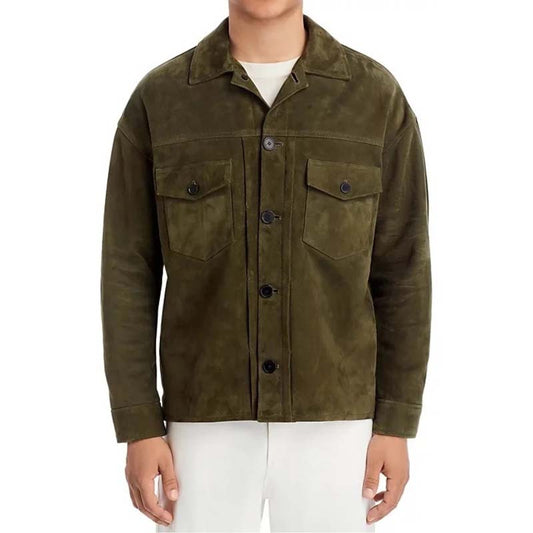 Men's Green Sheepskin Suede Leather Jacket with Shirt Collar in Soft Texture