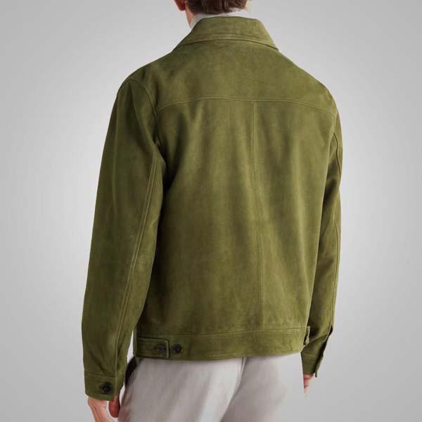 Men's Green Real Suede Leather Trucker Jacket with Classic Button Closure