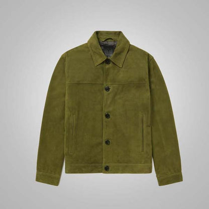 Men's Green Real Suede Leather Trucker Jacket with Classic Button Closure