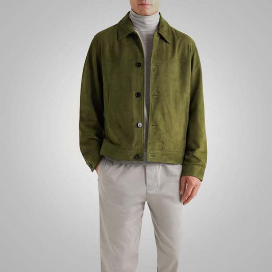 Men's Green Real Suede Leather Trucker Jacket with Classic Button Closure