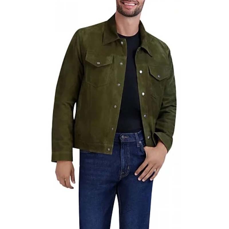 Men's Green Sheepskin Suede Tucker Jacket with Front Snap Closure