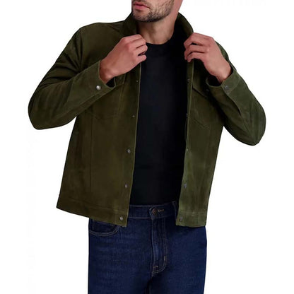 Men's Green Sheepskin Suede Tucker Jacket with Front Snap Closure