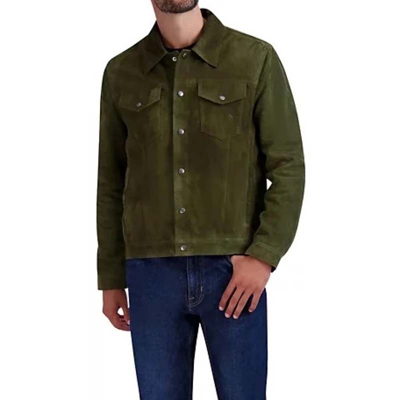 Men's Green Sheepskin Suede Tucker Jacket with Front Snap Closure
