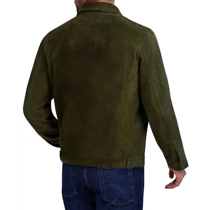 Men's Green Sheepskin Suede Tucker Jacket with Front Snap Closure