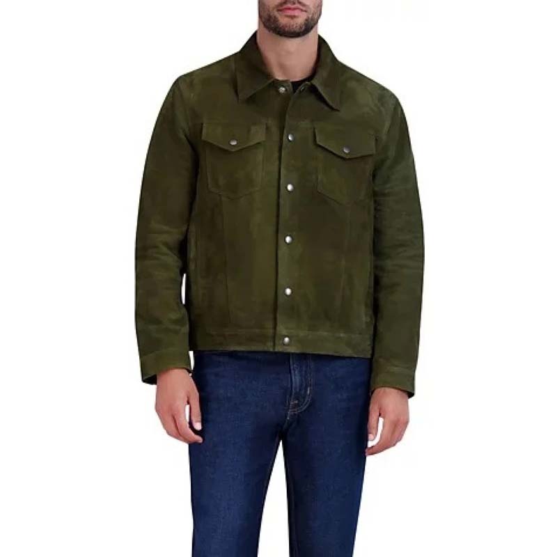 Men's Green Sheepskin Suede Tucker Jacket with Front Snap Closure
