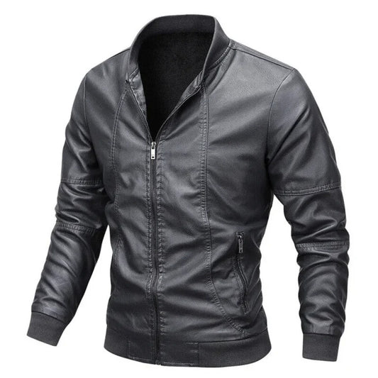 Men’s Grey Leather Motorcycle Bomber Jacket – Stylish Slim Fit Outerwear