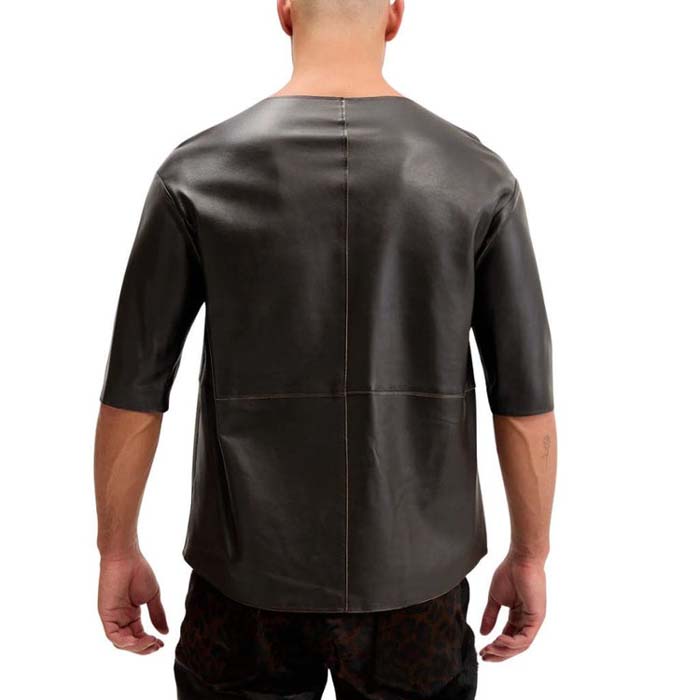 Men's Black Lambskin Leather T Shirt With V Neck Paneled Design