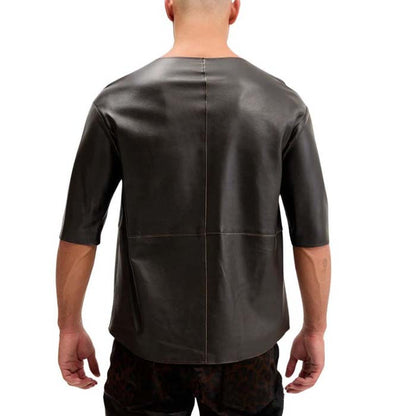 Men's Black Lambskin Leather T Shirt With V Neck Paneled Design